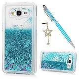 Grand Prime Case, Samsung Galaxy Grand Prime Case - Flowing Liquid Floating Bling Quicksand Glitter Sparkle Stars Hard PC Cover Cute Slim Protective Cover Stylus Pen Dust Plug by Badalink - Blue