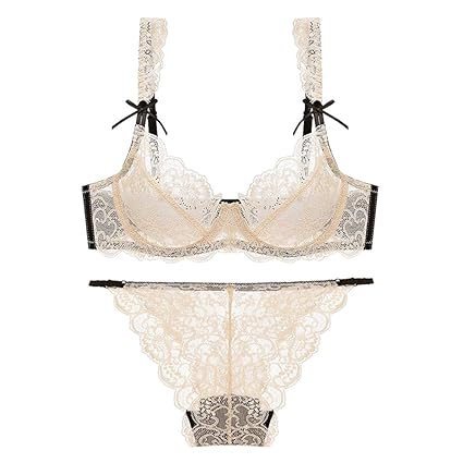 DAZISEN Damen BH Set - Spitzen Sexy Durchsichtige Dessous Push Up Ultradünner BH & Slip Unterwäsche Set