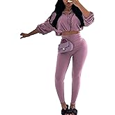 Qusuny Two Piece Sets for Women Workout Set Crop Top Zipper Long Sleeve High Waist Casual Tracksuit Sweatsuits