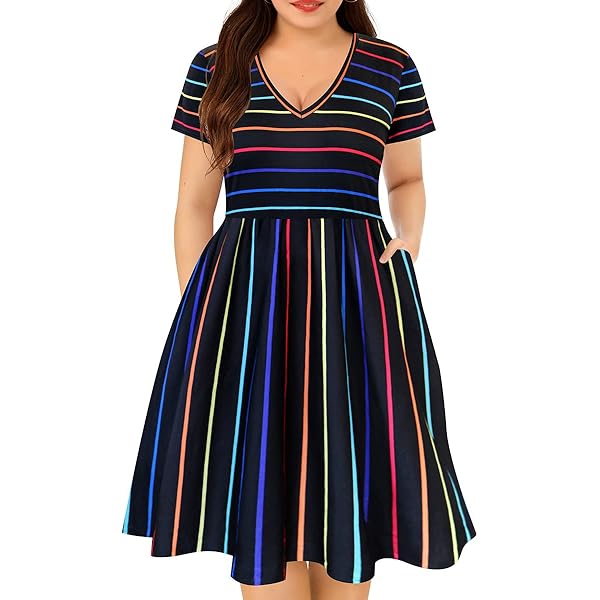 CARCOS Plus Size Dress for Women V Neck Short Sleeve Dresses Black Striped  Knee Long Summer Dress with Pocket Rainbow Stripe T Shirt Dress XL 14W 16W  at Amazon Women's Clothing store