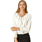 Allegra K Women's Ruffle Blouse for Business Work Elegant V Neck Long Sleeve Casual Dressy Top