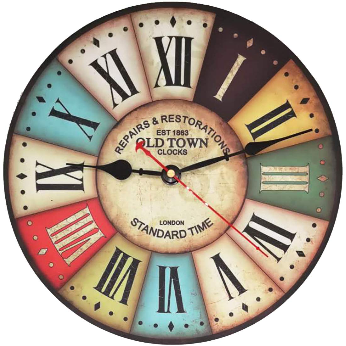 VieVogue Retro Wooden Wall Clock, Large Vintage Rustic Colorful Non -Ticking Silent Quiet Decorative Wood Clck for Gift Home Office Kitchen Nursery Living Room Bedroom