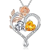 DONGHU Rose Heart Birthstone Necklace Sterling Silver Two Heart Birthstone Necklace for Women 2 Birthstone Heart Pendant Birthday Christmas Valentine's Day Gift for Wife Mom Lady