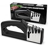 4 Stage Manual Knife Sharpener,4-in-1 design,Suitable for kitchen knives, fruit knives, steel knives, scissors,3-level precision sharpening.Non slip base, suitable for home kitchen use (Black)