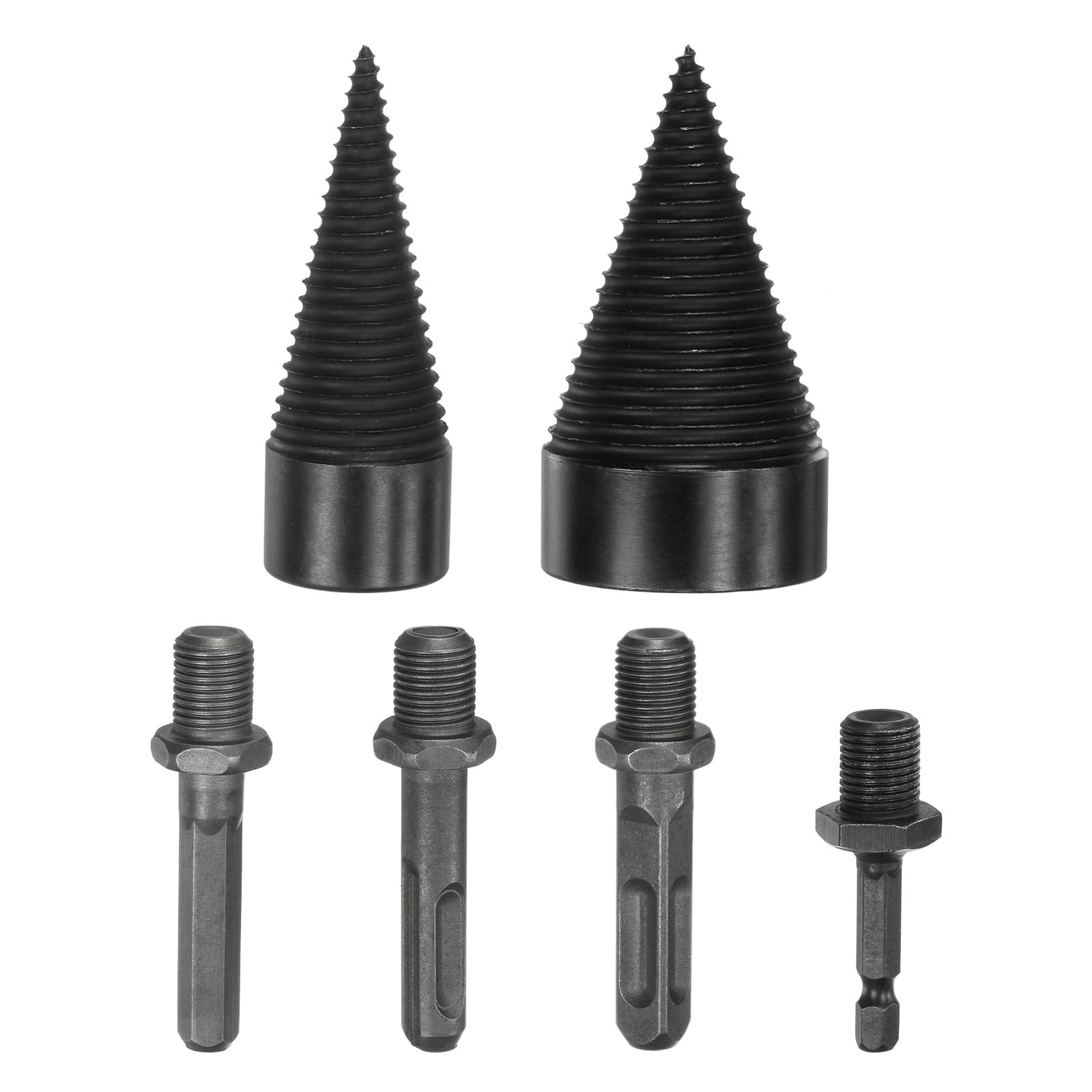 M METERXITY 2-Pack Wood Splitter Drill Bit 32mm + 50mm + 4 Handles (Square + Round + Hex Shank + Small Hex) Firewood Log Splitter Drill Bit for Family/Outdoor/Stove/Farm [Black+Grey]