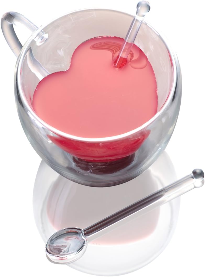 Heart Mug - Heart Shaped Mug Tea Cups Glass Coffee Cups | Double Wall Insulated Mugs Set Of 2 | 9.5 oz With Two Glass Spoons - JECOBI