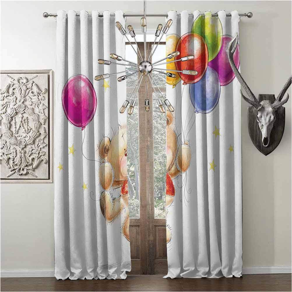 hengshu Blackout Shades for Window, Cartoon, Curtain for Workroom, Teddy Bear Colorful Balloons and Stars Cheerful Love Friends Animal Cartoon Print, W108 x L108 Inch, Multicolor, Grommets valances,