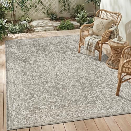 Outdoor Rug-Patio Rug Polypropylene Indoor Outdoor Carpet 7.9x10ft Porch Balcony Carpets Garden Deck Mat Easy Clean Non Slip Light Weight Vintage Outdoor Area Rug Retro Grey