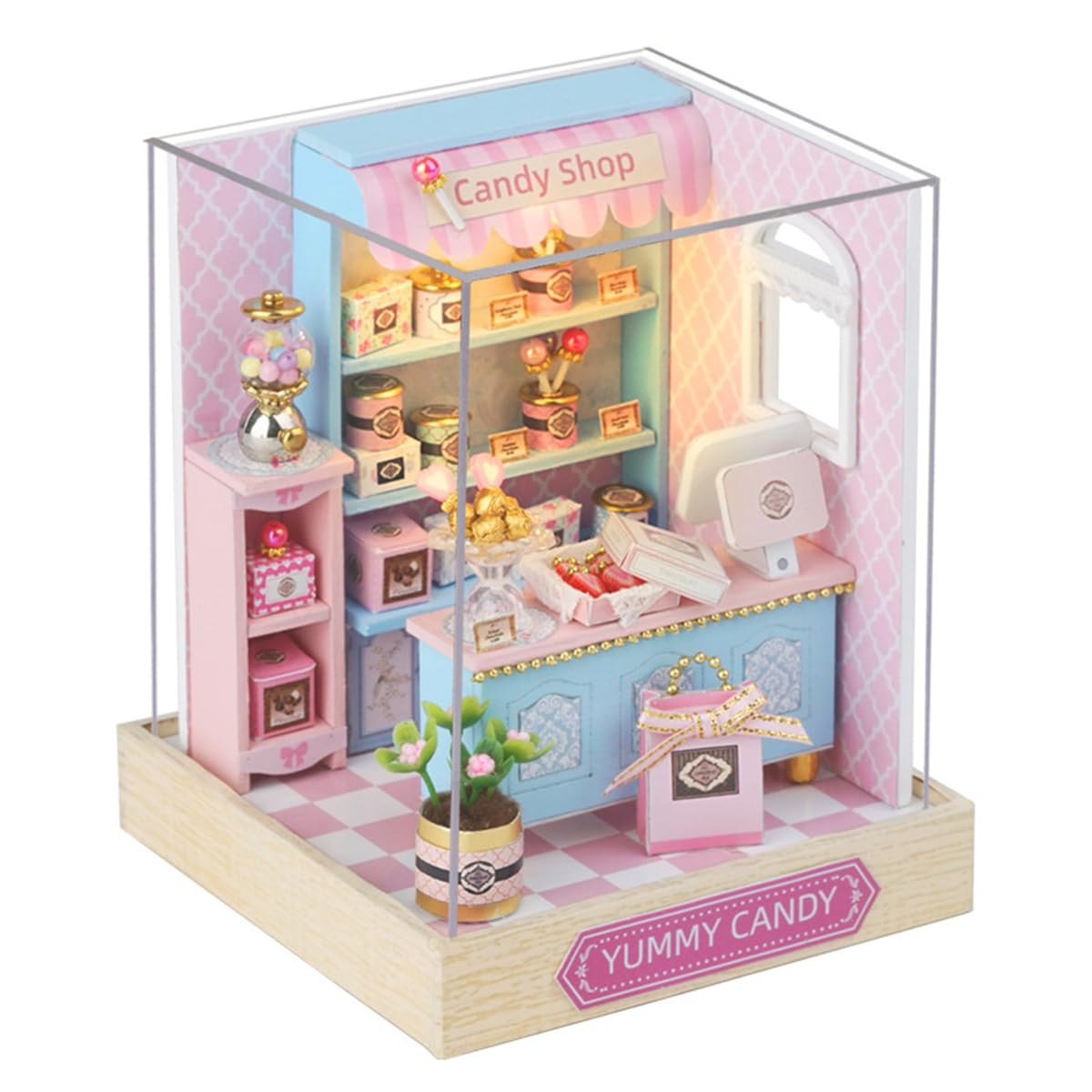 Ieron DIY Miniature Doll House Kit Mini Handmade House Model DIY Crafts Kit with Dust Cover 3D Wooden Dollhouse Kits Tiny Building Kit for Birthday Gift(Yummy Candy)