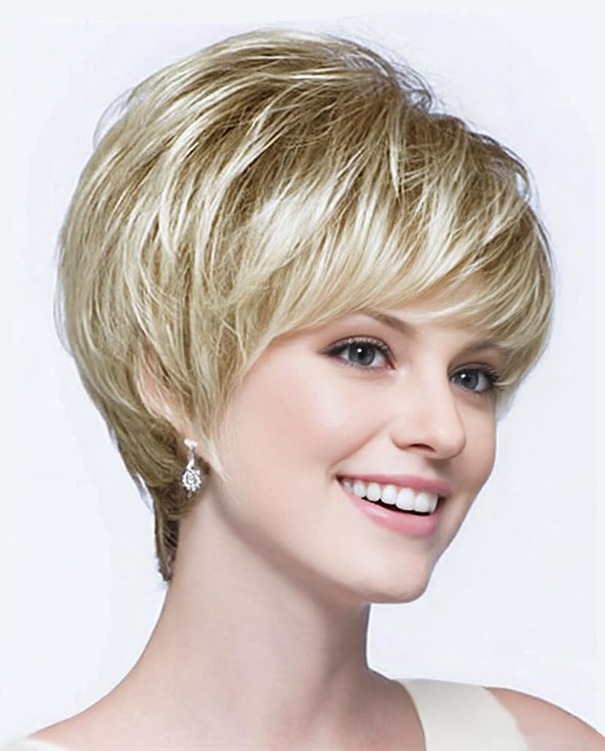 Photo 1 of SEVENCOLORS Short Blonde Wigs for White Women Layered Mixed Blond Pixie Cut Wigs with Bangs Synthetic Short Hair Replacement Wigs