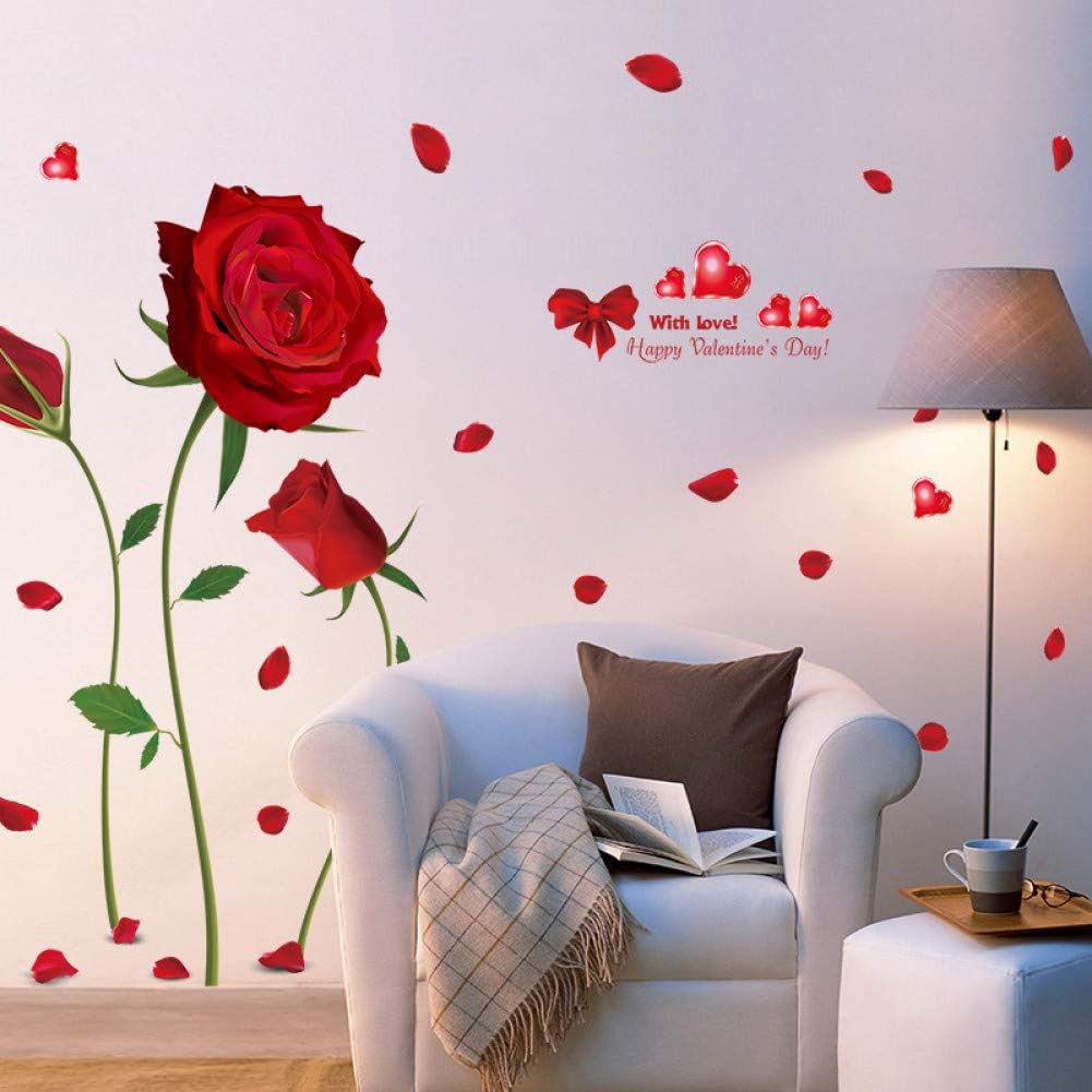 VCTQR Adhesivo de Pared Romántico Rojo Rosa Flor 3D Etiqueta de Pared
