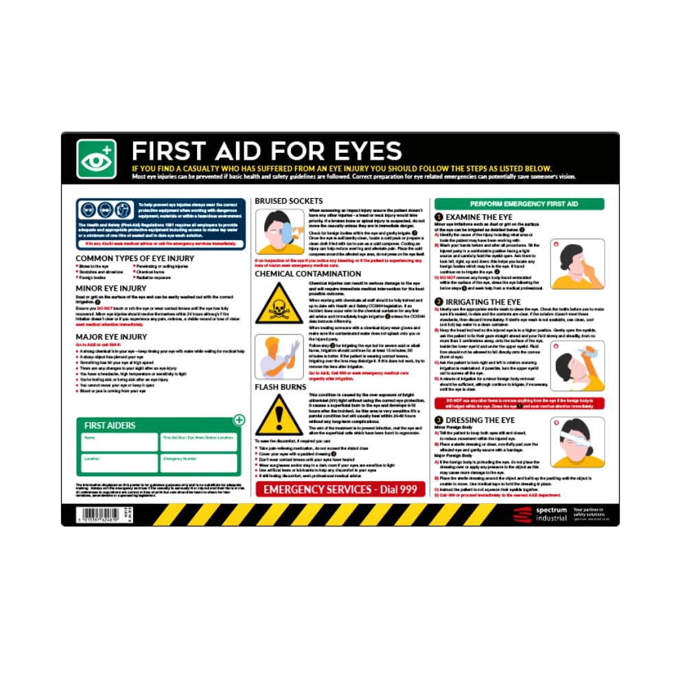 First Aid for Eyes Safety Poster - A2 Anti-Scuff PVC | Emergency Eye Injury Response Guide | Health & Safety Sign for Workplace Compliance