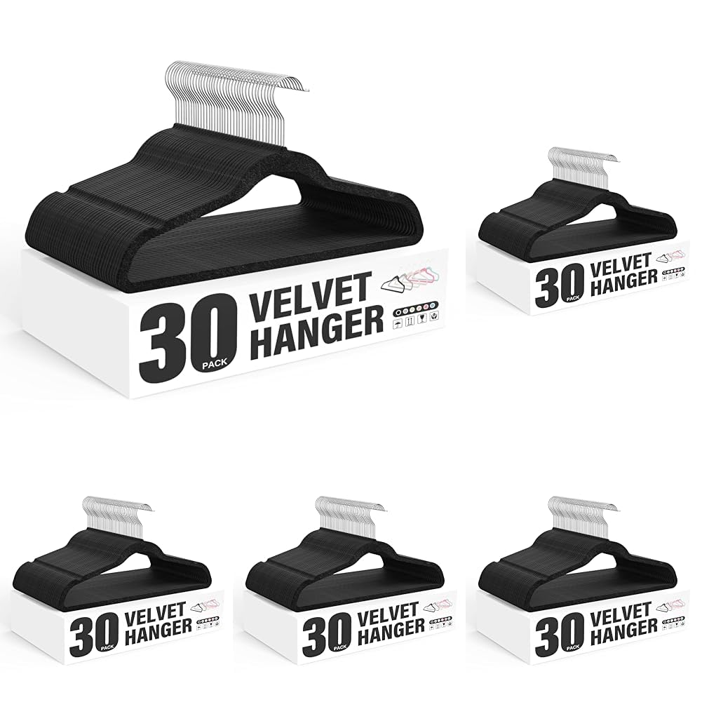 Simple Deluxe Velvet Hangers 150 Pack, Non-Slip Clothes Hangers with Shoulder Notches, 360° Swivel Hooks, Heavy Duty Coat Suit Hangers for Closet Space Saving, Black Image