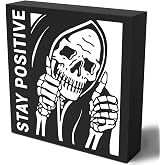 Halloween Decorations, Halloween Decor Indoor Ghost Desk Decor For Men Decorations Inspirational Skeleton Man Wooden Box Sign Plaque Stay Positive Black Wood Box Sign Rustic Art Home Office Shelf Desk