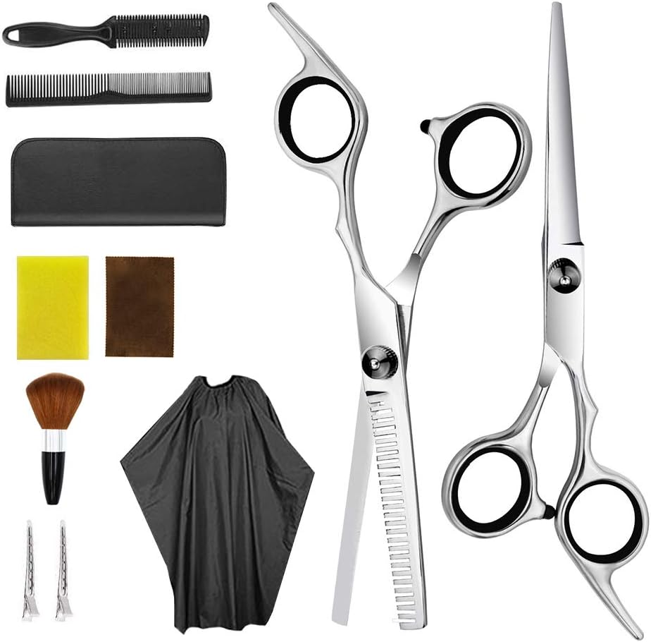 Professional Hair Cutting Scissors Set, YouCoulee 9 Pcs Haircut Shears with Thinning Scissors Stainless Steel Hairdressing Scissors Kit with Cape Clips Comb for Barber, Salon, Home