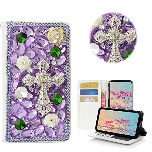 LG V30 Case,Spritech- 3D Handmade Bling Crystal Purple Cross Butterfly Flowers Design Wallet Credit Card Slots Fold Wallet Case for LG V30/ LG V30+/ LG V30 Plus