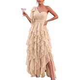 VOUIAO Women Tulle Prom Wedding Guest Bridesmaid Dress Formal Evening Gown | bow one shoulder,a line,tulle mesh,high slit,lace up back,choir homecoming maxi dresses,party cocktail evening gowns