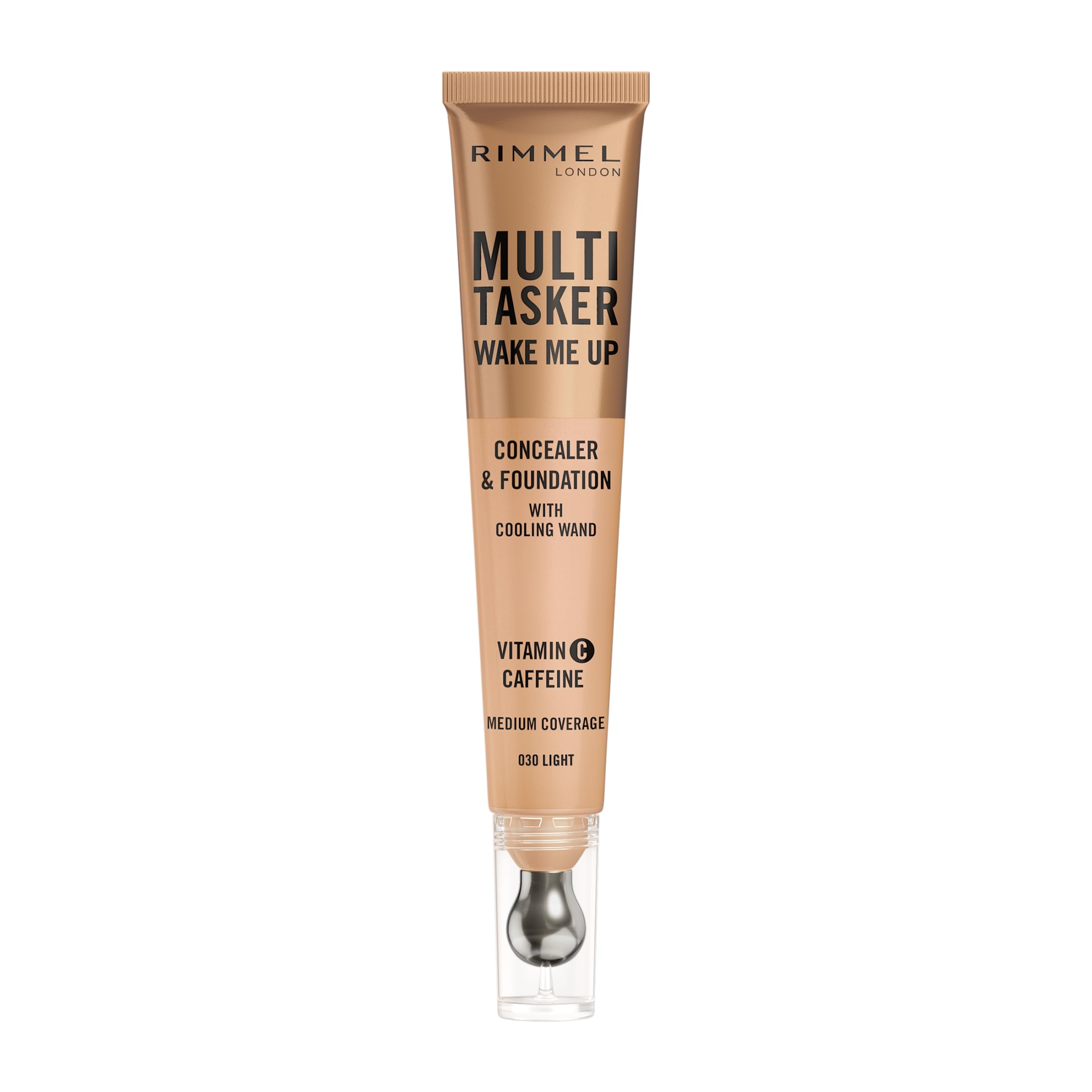 Rimmel Multi-Tasker Wake Me Up Foundation & Concealer 030 Light, Depuffs & Brightens Dark Circles, Metallic Cooling Applicator, Caffeine & Victamin C, 2% Niacinamide, Vegan, Cruelty free