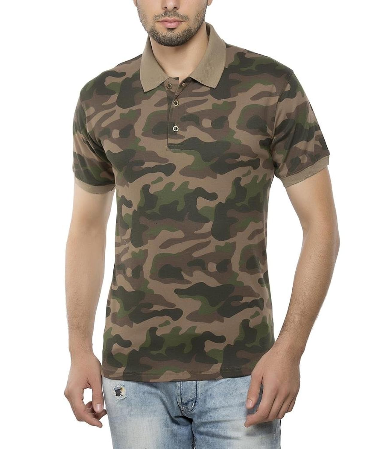clifton men's cotton army printed half sleeve collar polo t-shirt