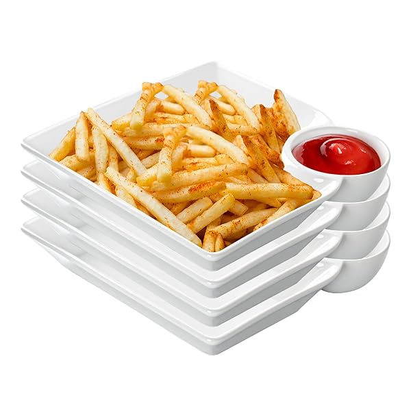 KOBIKOBI CHIP AND DIP SERVING PLATTER SET OF 4-8 INCH CERAMIC DIVIDED PLATES WITH SAUCE COMPARTMENT, FOOD-SAFE SNACK PLATE FOR DUMPLING, SUSHI, APPETIZER, TACO – WHITE