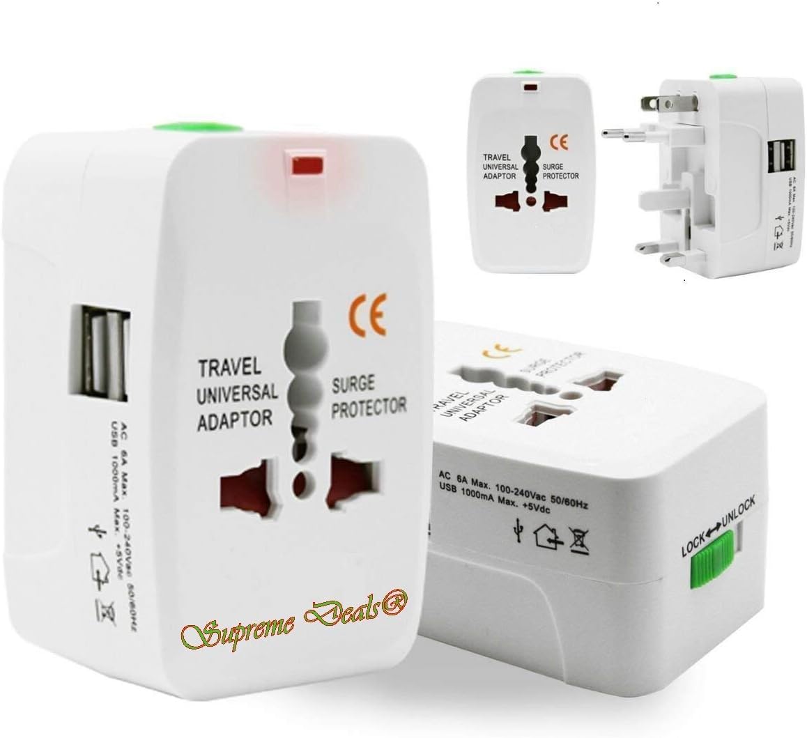Supreme Deals® Universal Travel Adapter with 125V 6A, 250V Surge/Spike Protected Electrical Plug (White)(1 Year Warranty) (Supreme Rectangle Shape with Dual USB Ports)