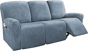 H.VERSAILTEX 8-Pieces Recliner Sofa Covers Velvet Stretch Reclining Couch Covers for 3 Cushion Sofa Slipcovers Furniture Covers Form Fit Customized Style Thick Soft Washable(Large, Stone Blue)