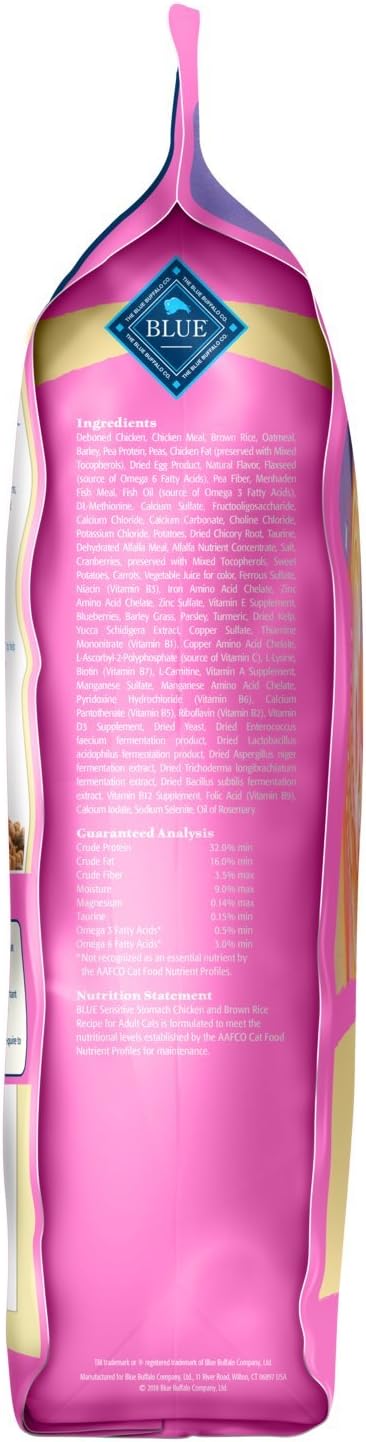 Blue Buffalo for Cats Sensitive Stomach Adult Dry Cat Food, Chicken & Brown Rice 15-lb (601) : Dry Pet Food : Pet Supplies