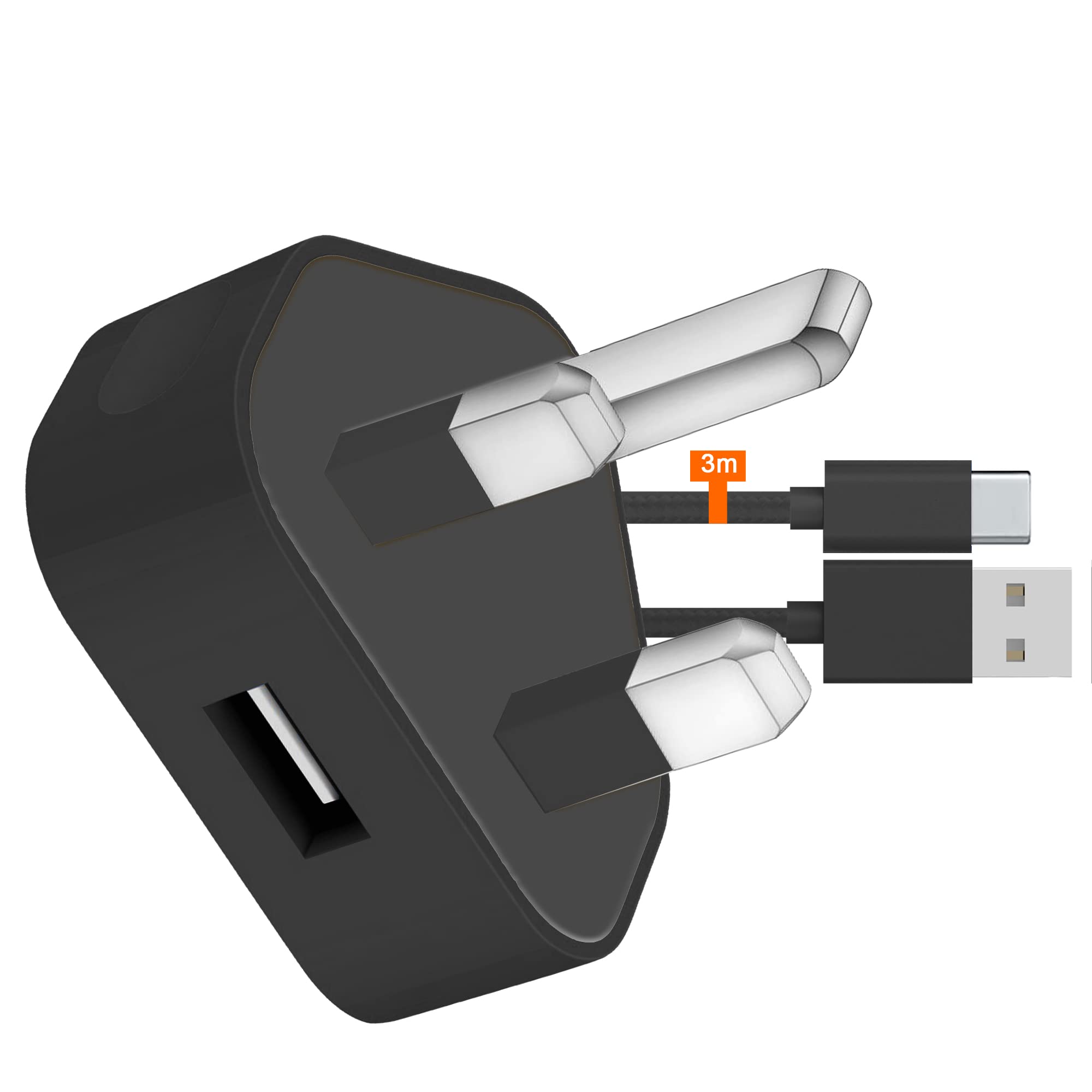 IWIO 3 Pin UK 1A 12W Plug and 3M Extra Long Durable Nylon Braided USB C/Type C Cable compatible with Kindle Paperwhite 6.8" 11th Generation 2021 (Black)