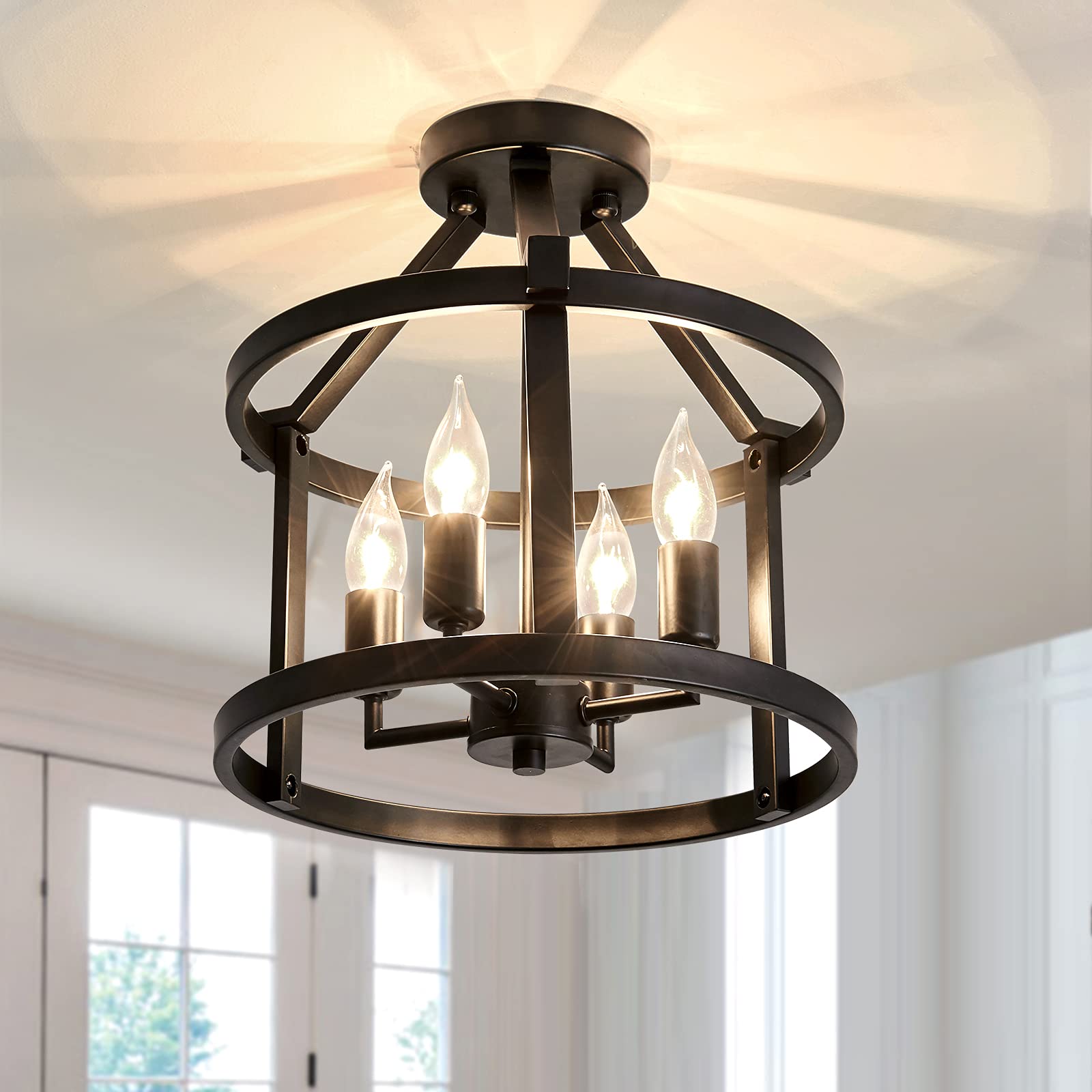 Photo 1 of UOFUS Metal Semi Flush Mount Ceiling Light Fixture 4 Candle Holder Matte Chandelier Farmhouse Ceiling Lamp for Dining Room Bedroom Kitchen Hallway Entryway?Black?