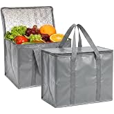 2-Pack 30L Grey Insulated Reusable Grocery Shopping Bags with Zipper | 4-Layer Insulated Cooler Bags, Heavy Duty Thermal Tote, Travel Cooler Shopping Transport Picnic, Collapsible