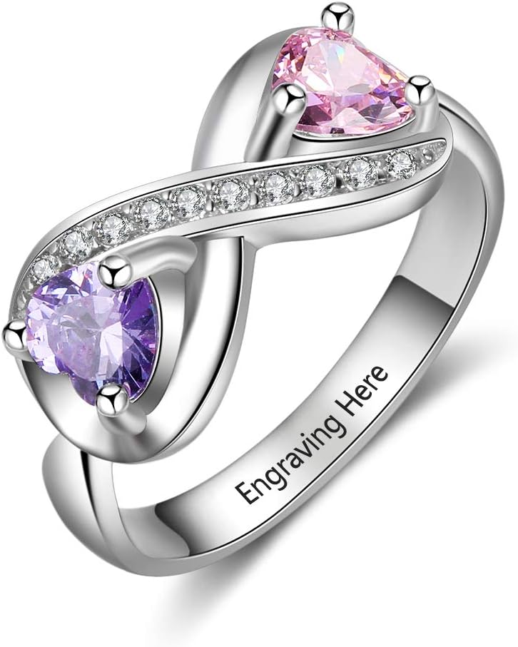 Engraved Simulated Birthstone Rings for Women Personalized Names Infinity Promise Rings for Her Custom Mother Jewelry