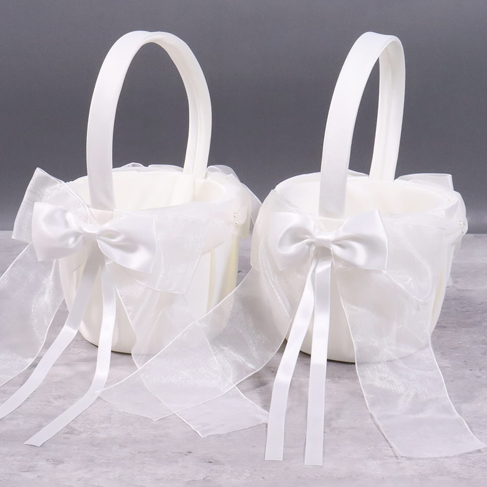 2 Pack White Flower Girl Basket - Cute Satin Wedding Basket for Flower Girls