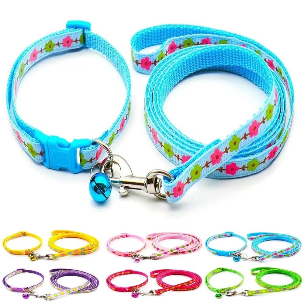 Small Dog Puppy Pet Collar and Lead Set Flower Design Nylon Adjustable Size 19-32cm Collar with Bell and 120cm Leash Blue