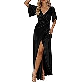 MEROKEETY Women's V Neck Wrap Velvet Maxi Wedding Guest Dress Bell Sleeve Split Bridesmaid Cocktail Party Formal Dresses