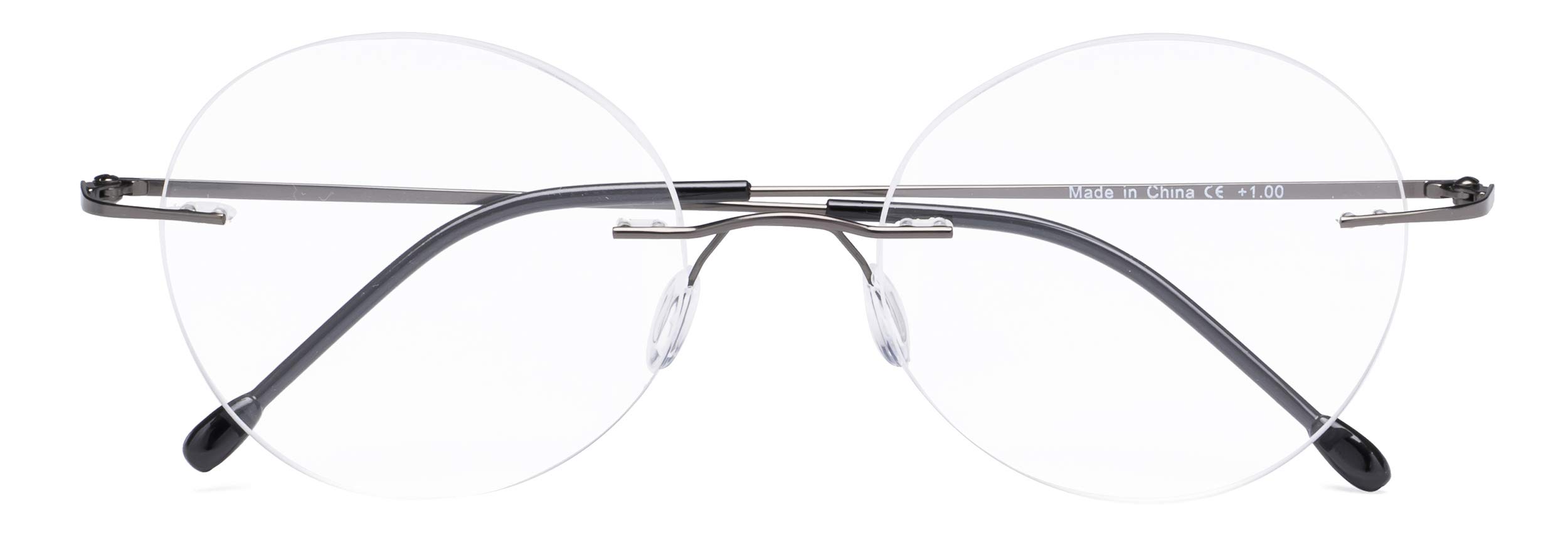 CessBlu Rimless Reading Glasses Round Readers for Men Women (Gunmetal) +0.0