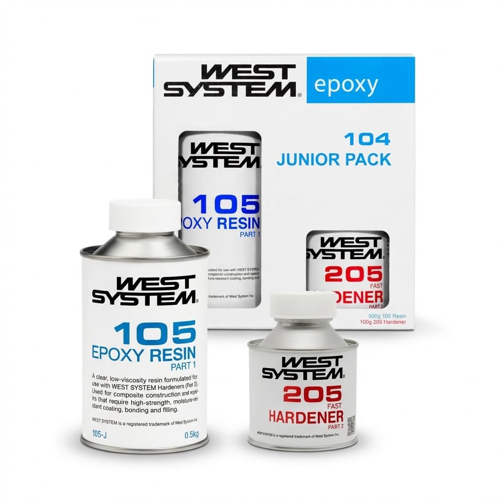 WEST SYSTEM 104 Epoxy Junior Pack - 105 Resin (500g) & 205 Hardener (100g) - Clear Resin & Hardener for Wood, Metal & Fibreglass Repairs - Marine Grade Epoxy for Woodwork, Repair and DIY