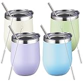 12oz/4 Pack Stainless Steel Wine Tumbler with Lids, Double WallVacuum Stainless Steel Travel Tumbler,Insulated Wine GlassesTravel Tumbler for Cold & Hot Drinks,Cup for Champaign Coffee(Cool color)