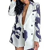Womens Sexy 2 Pieces Printed Jackets Blazer Bodycon Shorts Party Clubwear Tracksuit Outfits Suit Set(White,S)