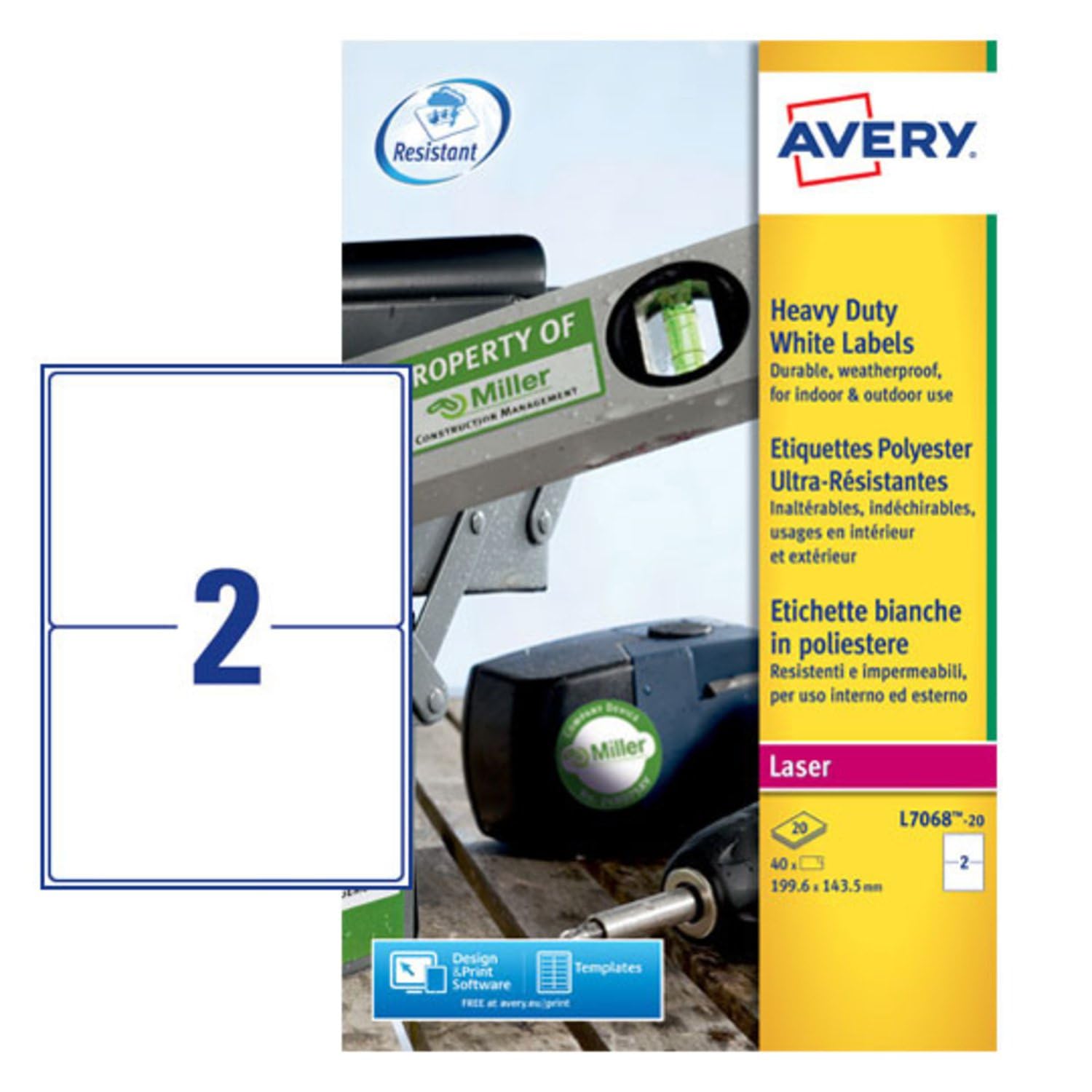 Avery L7068-20 (199.6 x 143.5mm) Extra-Strong Adhesive Heavy Duty Weatherproof Labels, 2 Labels Per A4 Sheet, White