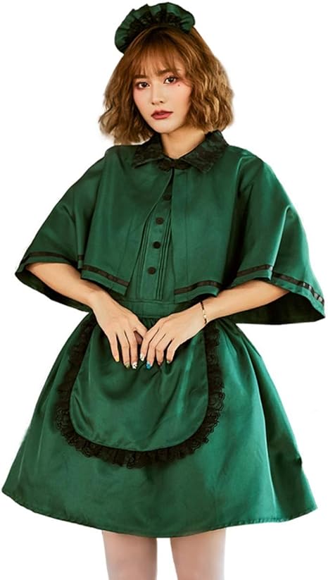 Amazon ハロウィン コスプレ 洋館メイド ミニ レディース 緑 半袖 メイド服 メイド コスチューム マント エプロン ワンピース 大きいサイズ イベント コスプレ 仮装 通販
