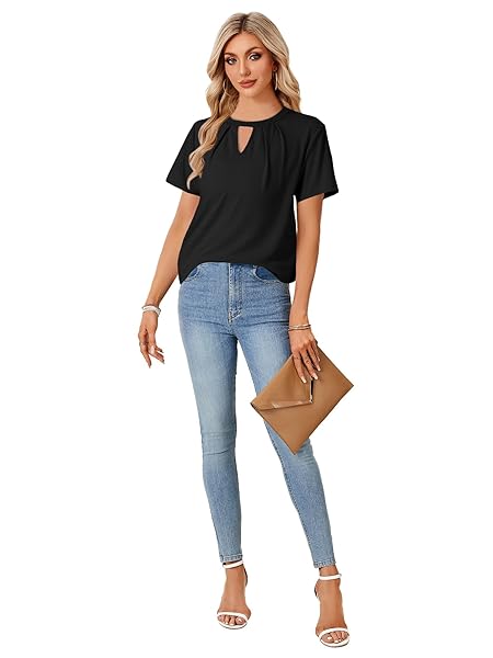 ROOSCIER WOMEN’S DRESSY CASUAL BLOUSES PLEATED KEYHOLE SHORT SLEEVE WORK SHIRTS TOPS BLACK MEDIUM