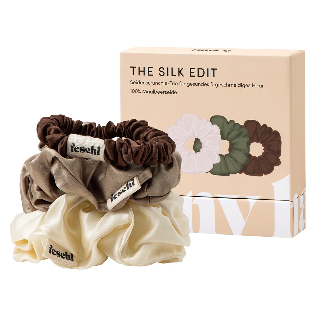 feschi Set of 3 Scrunchies | 100% Silk | Very Elastic Hair Band | Can Prevent Hair Breakage | 3 Sizes 3 Colours in Travel Box