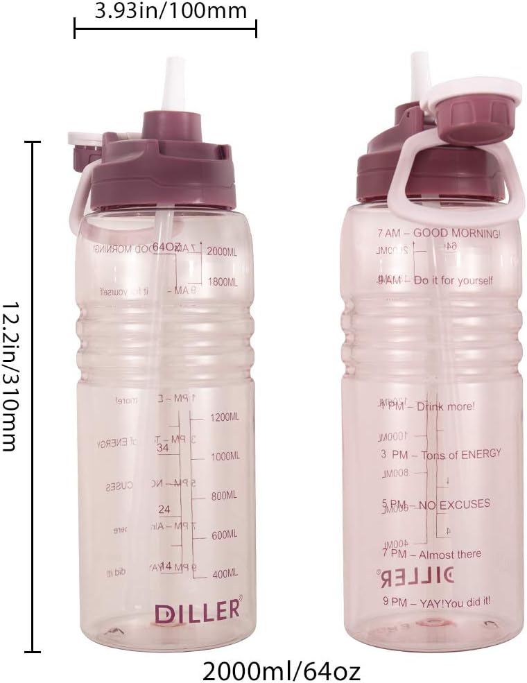Diller Motivational Water Bottle with Straw 64 Oz BPA Free