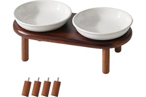 Havniva Elevated Ceramic Cat Dish, Wide Whisker Friendly Anti-Slip Food & Water Bowl with 2 Heights Adjustable Acacia Wooden Stand - Pet Bowl Set for Cats (2 Dishes +Stand, White)
