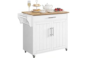 Jarenie Kitchen Storage Island, Wooden Rolling Kitchen Island On Wheels with Countertop, Mobile Kitchen Island Cart with Towel Rack, Spice Rack and Drawers, White