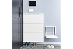 Metal Shoe Cabinet with 3 Flip Drawers, Wall Mount Metal Shoe Organizer for Entryway, Narrow Shoe Cabinet for Entryway Slim, 