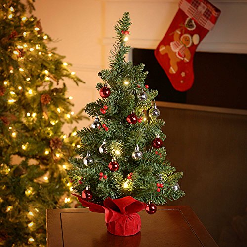 2' Battery Operated LED Tabletop Christmas Tree with Red Berries and Red and Silver Ornaments