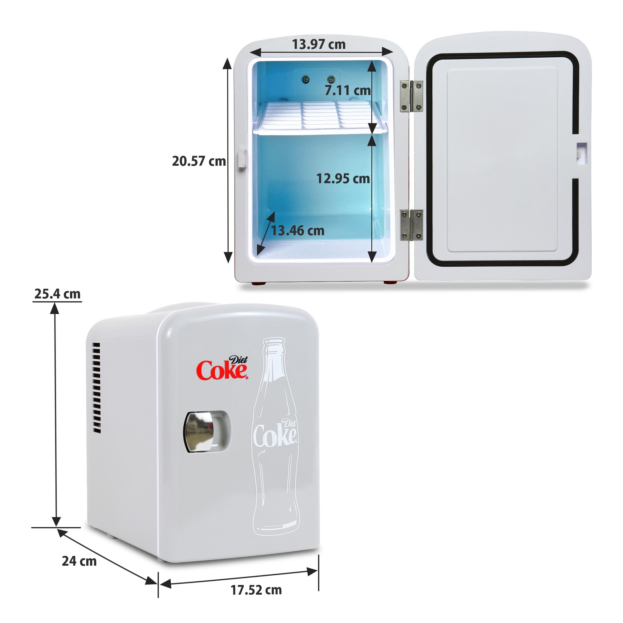 Diet Coke Mini Fridge - Refrigerator for Bedroom Office, Portable Table Top Beverage Cooler, 12V 110V Refrigerador For Drinks, Soda, Wine, Use In Car, Dorm, Outdoor, Patio, 6 Can
