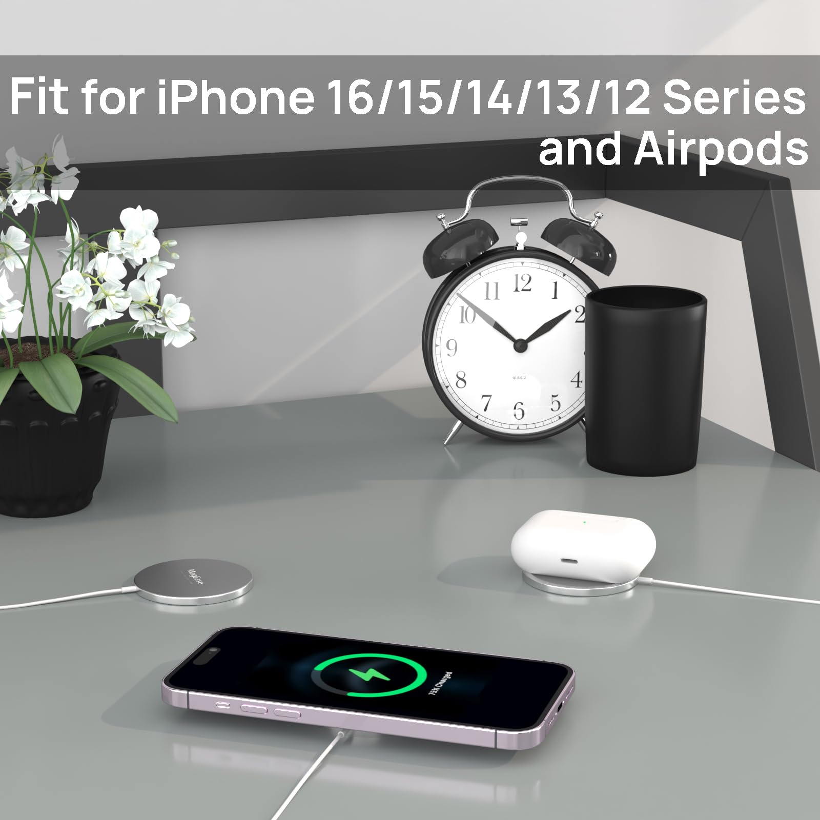 Magnetic Wireless Charger,MagEase 15W Wireless Charger Magnetic Compatible with iPhone 16 15 14 13 12 Series and AirPods 3/2/Pro, Charging Pad with USB-C Cable and USB-A Converter (White)