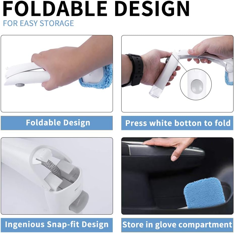eFuncar Windshield Cleaner Glass Cleaning Tool - Foldable Auto Window Glass Cleaner Car Windshield Washer Cleaning Kit Interior with Built-in Sprayer and 6Pcs Microfiber Bonnets(Dry, Wet & Deep Clean): Automotive